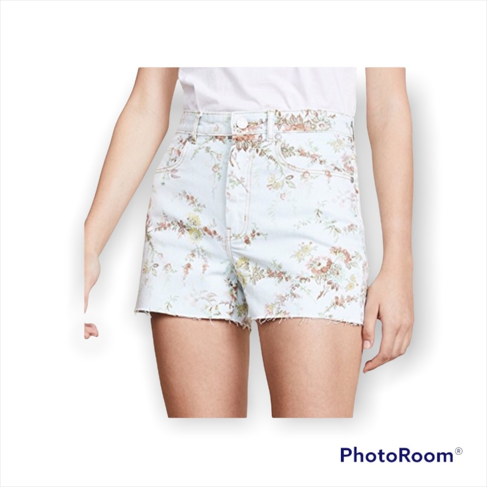 REBECCA TAYLOR La Vie Floral Denim High Waisted Shorts  light blue EUC Sz 29